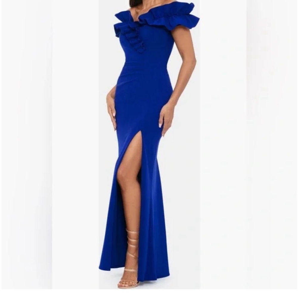 Xscape Royal Blue Ruffled Maxi Dress
